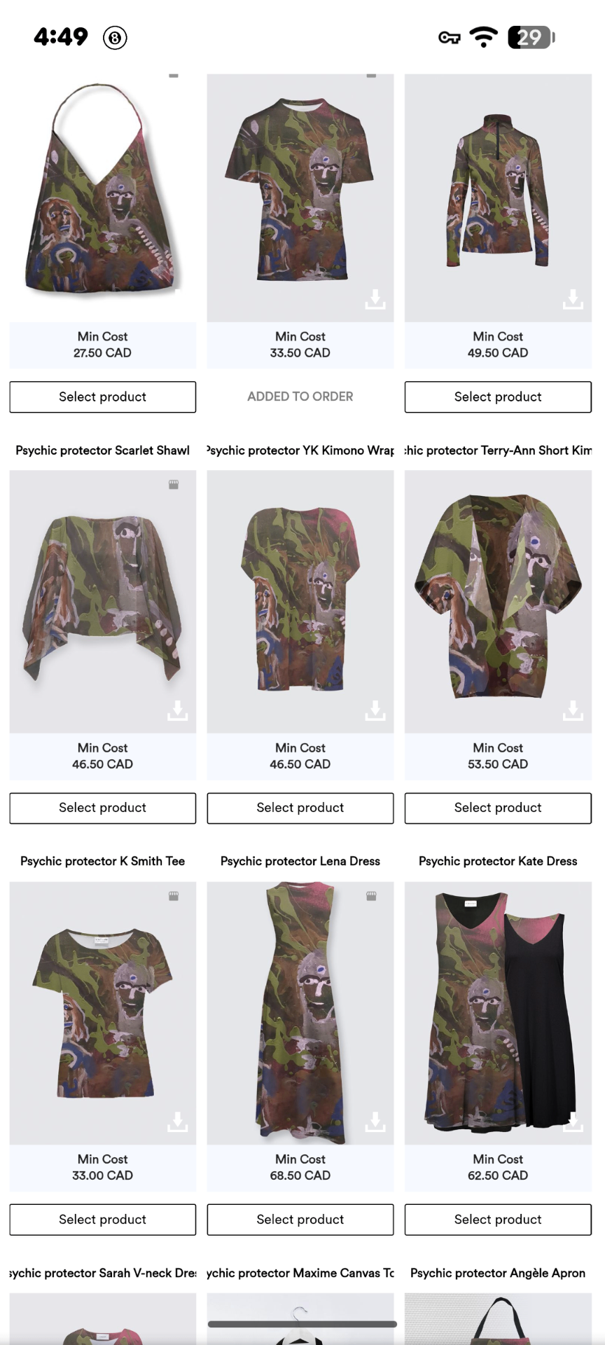 leGaleriste product catalog — clothing and accessories printed with original artwork