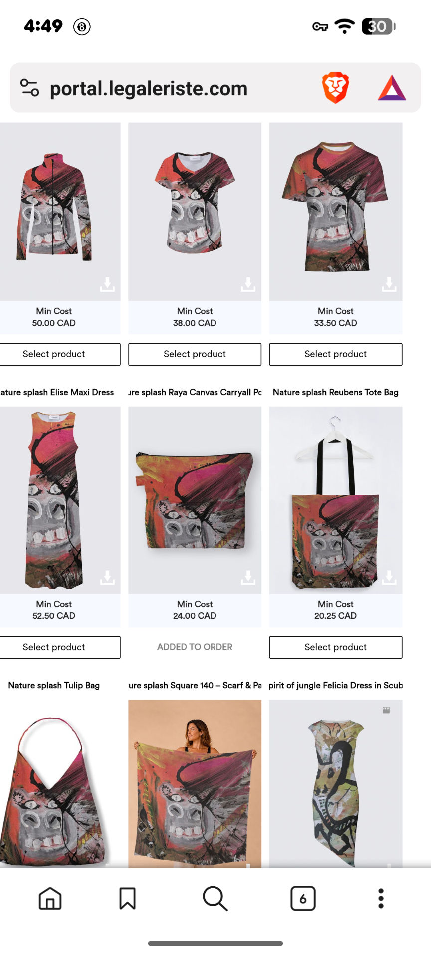 leGaleriste product catalog — clothing and accessories printed with original artwork