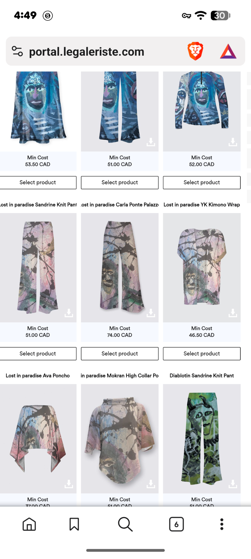 leGaleriste product catalog — clothing and accessories printed with original artwork