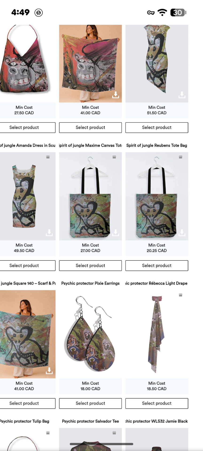 leGaleriste product catalog — clothing and accessories printed with original artwork