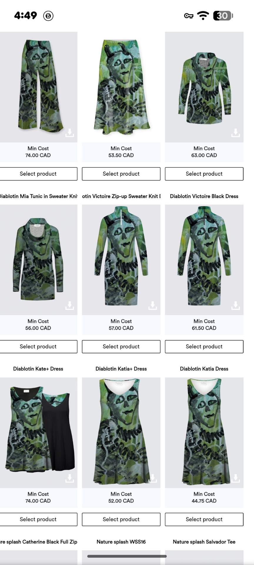 leGaleriste product catalog — clothing and accessories printed with original artwork