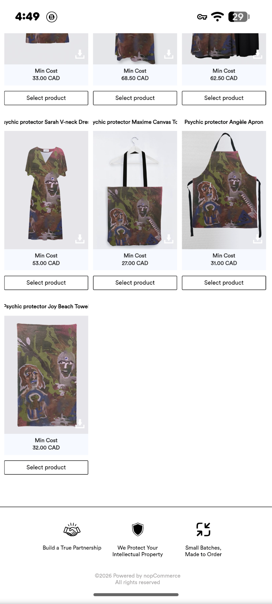 leGaleriste product catalog — clothing and accessories printed with original artwork